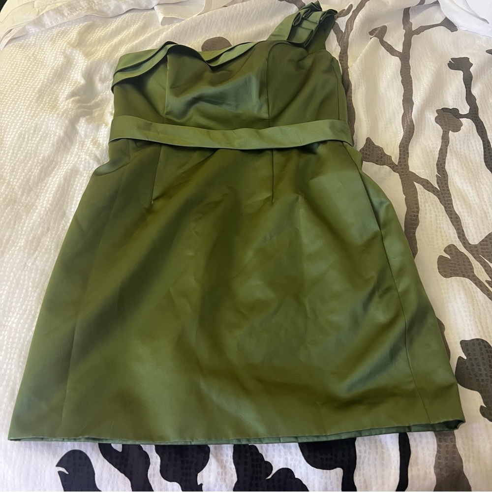 DaVinci Dress 16 Olive Green One Shoulder Cocktail Prom Satin Pockets Evening